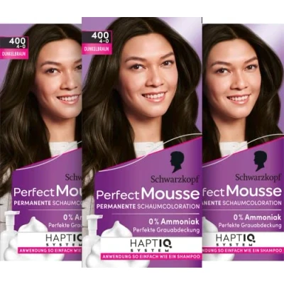 Abbildung von Schwarzkopf Perfect Mousse Permanente Schaumcoloration 400/4 0 Dunkelbraun (3 x 92,5 ml), Haarfarbe mit perfekter Grauabdeckung, Coloration für intensive Pflege &amp; strahlenden Glanz