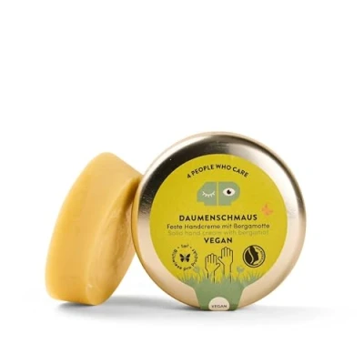 Abbildung von 4peoplewhocare Handcreme Vegan Veganer Daumenschmaus, Feste für trockene und rissige Hände, Shea Butter, Candelillawachs, Olivenöl, Bergamotte, Naturkosmetik (30g Dose)