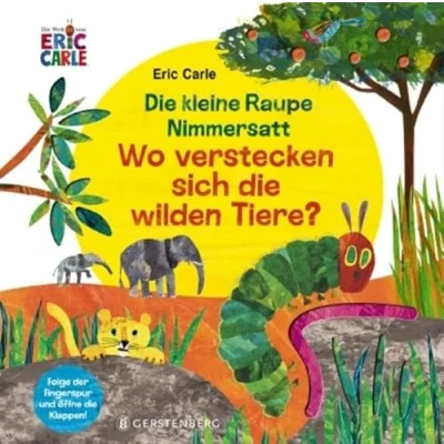 Abbildung von die kleine Raupe Nimmersatt Wo verstecken sich wilden Tiere?: Folge der Fingerspur und öffne Klappen