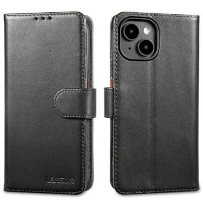 Abbildung von LENSUN Echtleder Hülle für iPhone 15, Handyhülle [Echtes Leder][Magnetverschluss][RFID Schutz] Handytasche Lederhülle Kompatibel mit 15 5G(6,1&quot;) Schwarz