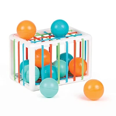 Abbildung von Ludi Babywürfel Spielzeug für Babys ab 10 Monaten entwickelt Denken, Feinmotorik, Berührung und Entdeckung 1 elastischer Würfel + 12 orangefarbene Blaue Bälle mit lustigem Klang