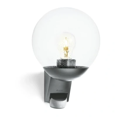 Abbildung von steinel Außen Wandleuchte L 585 S ANT, Bewegungsmelder, Leuchtdauer einstellbar, Tageslichtsensor, Leuchtmittel wechselbar, 180Bewegungsmelder,mundgeblasenGlas,E27 Fassung,Kugel Fassadenleuchte