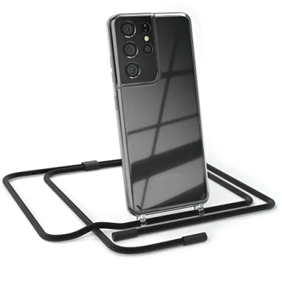 Abbildung von EAZY CASE kombinierbare Handyketten kompatibel mit Samsung Galaxy S21 Ultra 5G, Transparente Silikon Hülle Umhängeband, abnehmbar durch abschraubbare Endstücke, Hülle, Umhängetasche, Schwarz