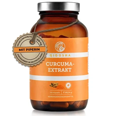Abbildung von QIDOSHA® Kurkuma Extrakt Kapseln hochdosiert mit Piperin, 120 Stk, 618 mg Curcuma Kapseln, davon 316 reiner hohem Curcumin Anteil, vegan, laborgeprueft