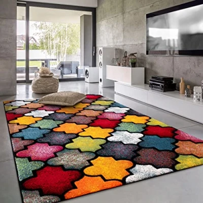 Abbildung von Paco Home Teppich Wohnzimmer Kinderzimmer Kurzflor Moderne 3D Optik Kariert Geometrische Muster, Grösse:200x290 cm, Farbe:Bunt 4