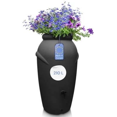 Abbildung von YourCasa Regentonne 210 Liter [Amphore Design] Regenfass aus Kunststoff mit Wasserhahn, Bepflanzbar, 210L, Deckel