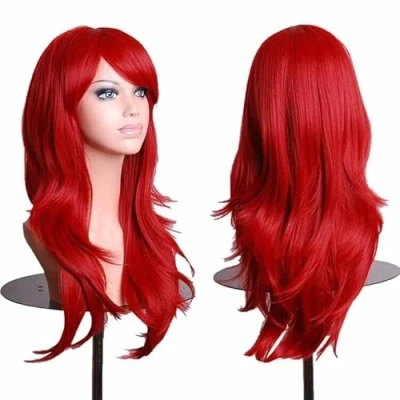 Abbildung von Colorfulpanda Qualitativ Hochwertige Cosplay Kostüm Rot Perücke Für Frauen,Lang Voll,Lockig Wellen Heiz resistent. Seitenscheitel Pony,Fashion Glamourös Haarteil mit kostenlosen Kappe,70cm