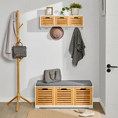 Abbildung von SoBuy Wandgarderobe Set Flurset Flurmöbel Sitzbank mit Sitzfläche Natur FSR23 WN+FHK19 WN