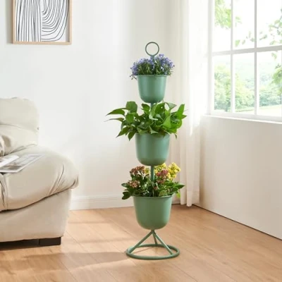 Abbildung von [en.casa] Blumenständer Alphen Blumentopfständer mit 3 Pflanztöpfen Blumentopfregal Pflanzenständer Blumentopfhalter Metall 110xØ28cm Grün