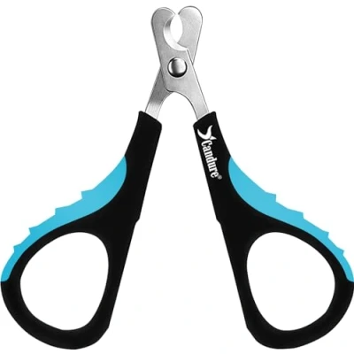 Abbildung von Candure Profi Krallenschere für Hunde und Katzen Mit Nagelfeile Edelstahl Krallenzange Hohe Qualität Krallenpflege Schneider Haustiere Nagelknipser groß Sicherheitsschutz (Klein (XS), Blau)