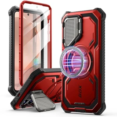 Abbildung von i Blason Armorbox für Samsung Galaxy S25 Hülle Magsafe mit Kameraschutz Bumper Case 360 Grad Handyhülle Robust Schutzhülle Displayschutz und Ständer 2025 (Rot)