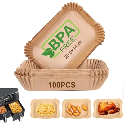 Abbildung von AiQInu Backpapier für Heißluftfritteuse mit Doppelkammer, 100 Stück 20.5x14cm BPA frei Rechteckig Airfryer Antihaft Einweg Wasserdicht Ölfest Pergamentpapier Liner Zubehör