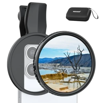 Abbildung von NEEWER 67mm Variabler ND Filter kompatibel mit iPhone, Clip On ND2 32 Graufilter Handy Kamera Objektiv Fotografie Zubehör Set, iPhone 16 15 Pro Max Plus 16e 14 13 mini 12, FL B25