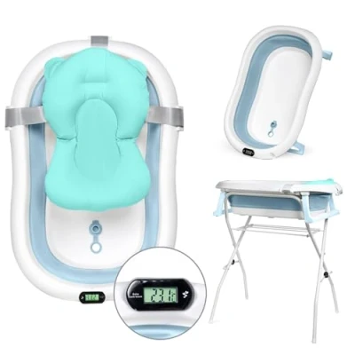 Abbildung von moovkee. Babybadewanne mit Gestell 80cm Baby Badewanne Faltbar Thermometer und Badekissen Babywanne Ständer Sicher für Ihr Neugeborene