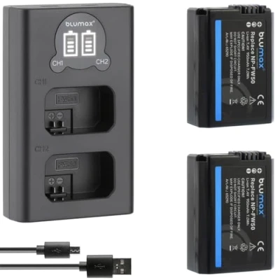 Abbildung von 2X blumax Akku Ersatz für Sony NP FW50 [ 950mAh ] + Mini LCD Dual Charger Alpha 7 7II 7R 7S II 6300 6500 / NEX F3 DSC RX10 IV // ZV E10