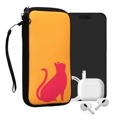 Abbildung von kwmobile Handytasche für Smartphones XL 6,7/6,8&quot; Neopren Handy Tasche Hülle Cover Case Schutzhülle Umriss Katze Pink Honiggelb 17,2 x 8,4 cm Innenmaße