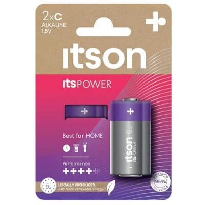 Abbildung von ITSON, Batterien C, 2 Stück, 1.5V, Alkaline Batterien, für Uhren, Taschenlampen, Fernbedienungen, umweltfreundliche Verpackung 95% recycelt