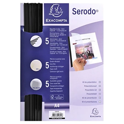 Abbildung von Exacompta 428432 Präsentationsset Serodo DIN A4: 5 schwarze Klemmschienen 3mm, Deckel elfenbein, glasklar aus PVC 200μ Kapazität bis zu 30 Blatt ideal für Bewerbungen, Mappen, Dokumente