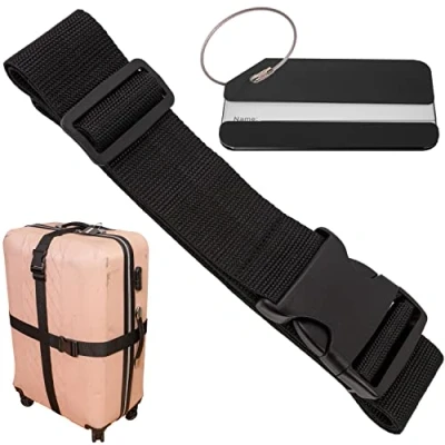Abbildung von Kofferband Set mit Kofferanhänger, 200 cm Gurtband Schnalle für mehr Sicherheit, in Schwarz, Namensschild, Koffergurte Adressschild zum Reisen und Fliegen, Kofferspanngurte, Gurt Koffer