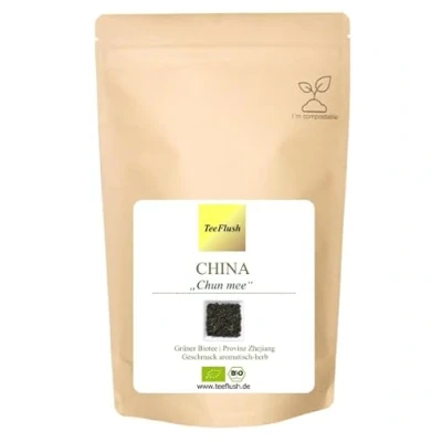 Abbildung von Chun Mee Grüner Tee aus China, Bio, 250g, lose Blätter, Ernte 2023, Provinz: Zhejiang, Geschmack: aromatisch herb