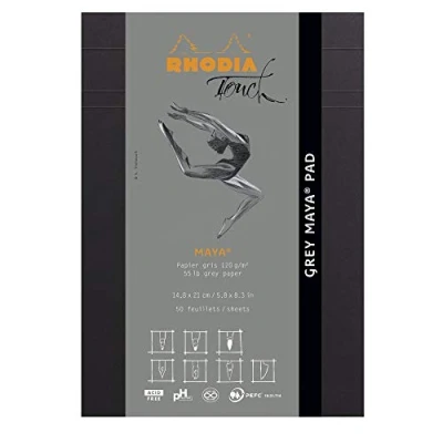 Abbildung von Rhodia 116106C Notizblock Grey Maya Pad, kopfseitig geheftet , A5 (14,8x21 cm), 50 Blatt mikroperforiert, blanko, Clairefontaine Papier grau 120g, Schwarz, 1 Stück