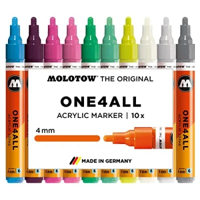 Abbildung von Molotow One4All 227HS Acryl Marker Basic Set 3 (4,0 mm Strichstärke, hochdeckend und permanent, UV beständig, für fast alle Untergründe) 10 Stück sortiert