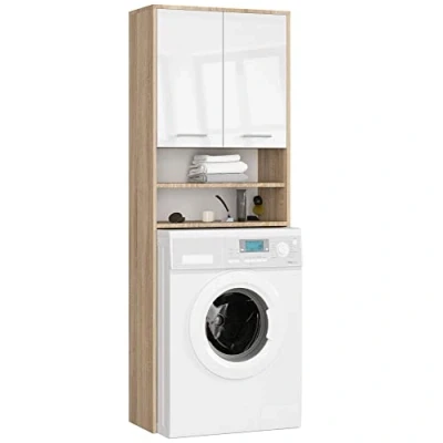 Abbildung von Hängender Waschmaschinenschrank überbauschrank Waschmaschienenüberschrank B64 x H180 T30 cm, Gewicht 30 kg, Umbauschrank mit 2 Türen, offene Ablagefächer Eiche Sonoma &amp; Weiß glänzend Front