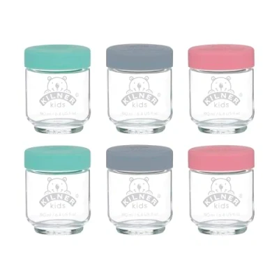 Abbildung von Kilner Babygläser Set 190 ml / 6 Babybrei Behälter Aufbewahren, Einfrieren und Servieren von hausgemachter Babynahrung frei Schadstoffen Weichmachern Silikondeckel in 3 Farben