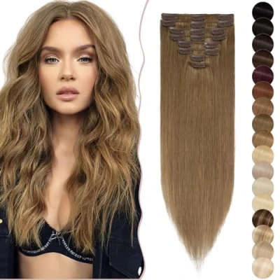 Abbildung von SEGO Clip in Extensions Echthaar Haarverlängerung Haarteil 8 Tressen leicht hitzebeständig glatt Hellbraun#6 16&quot;(40cm) 65g