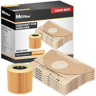 Abbildung von McFilter 10 Staubsaugerbeutel + 1 Filter geeignet für Kärcher WD2 und MV2 Staubsauger, Alternative 6.904 322.0 (Beutel) 6.414 552.0 KFI 3310 (Patronenfilter), KA 37