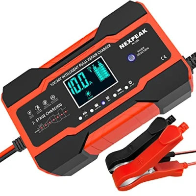 Abbildung von 10A Autobatterie Ladegerät, Ladegeräte für Autobatterien 12V/24V Vollautomatisches Batterie Ladegerät mit LCD Touchscreen Temperaturkompensation Auto LKW Motorrad Rasenmäher Boot Marine Batterien