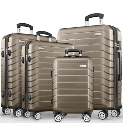 Abbildung von tillvex® Reisekoffer Set 4 teilig + Gepäckwaage, 8X Koffergurte &amp; 4X Kofferanhänger Kofferset Rollen Trolley Gepäck Koffer TSA Schloss Hartschalenkofferset S M L XL (Roségold, 4tlg)