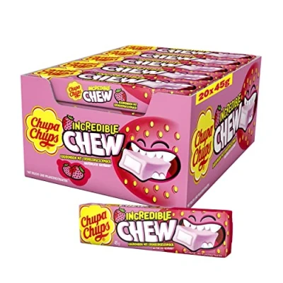 Abbildung von Chupa Chups Incredible Chew Erdbeere, Thekendisplay enthält 20 Stangen Kau Bonbons mit Erdbeer Geschmack in der Groß Packung, x 45g
