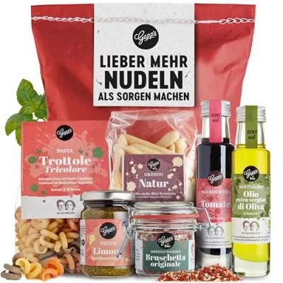 Abbildung von Gepp&#039;s Feinkost Wundertüte Lieber mehr Nudeln als Sorgen machen I Witzige Geschenkidee mit Delikatessen wie in Italien hergestellte Pasta, Pesto Limone, Bio Bruschetta Dip Lustiges Geschenkset