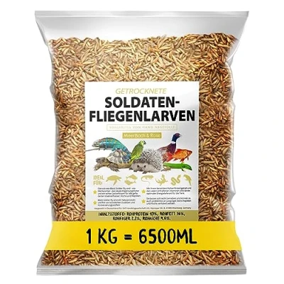Abbildung von Soldatenfliegenlarven getrocknet 1kg (entspricht 6,5 Litern), Black Soldier Flys, Vogelfutter, Igelfutter mit Insekten, Fischfutter, proteinreicher Snack für Reptilien und Schildkröten