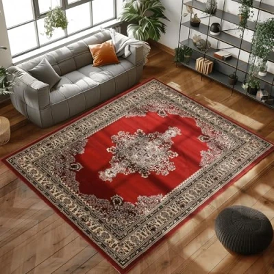Abbildung von Carpettex Kurzflor Teppich Orientalisch Wohnzimmerteppich 300x400 Klassisch Optik Rot 300 x 400 cm Orientteppich Vintage Schlafzimmer Weich Orientalischer Waschbar Küchenteppich
