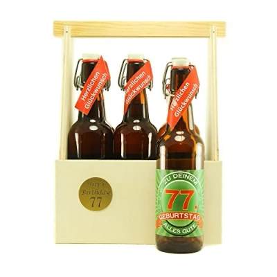 Abbildung von Bier Geschenk 6 er Holz Träger mit Fl. 77. Geburtstag