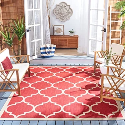 Abbildung von SAFAVIEH Geometrisch Teppich für Wohnzimmer, Esszimmer, Schlafzimmer Wasserdicht Courtyard Collection, Kurzer Flor, Rot und Knochen, 79 X 152 cm