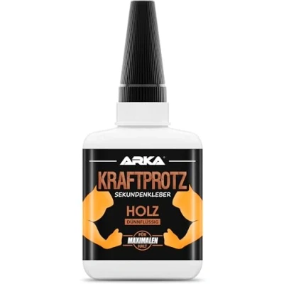 Abbildung von Sekundenkleber für Holz extra stark dünnflüssiger Superkleber 50 g transparent, schnelltrocknend, wasserfest, hitzebeständig ARKA KRAFTPROTZ Holzkleber Bastelbedarf &amp; Möbel