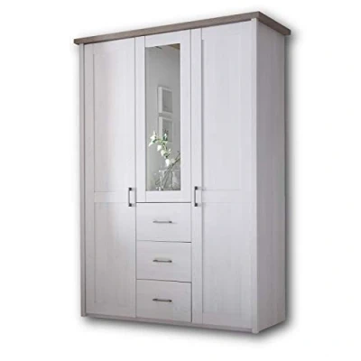 Abbildung von LUCA KOMFORT Eleganter Kleiderschrank im Landhausstil 3 türig Vielseitiger Drehtürenschrank mit Spiegeltür in Pinie Weiß / Trüffel 150 x 212 62 cm (B/H/T)