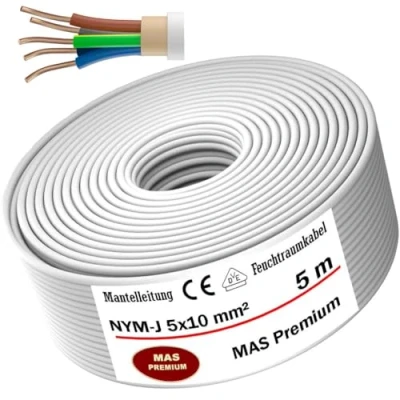 Abbildung von MAS Premium Feuchtraumkabel Stromkabel 5 200m Mantelleitung NYM J 3x1, 2,5 4 6 10 oder 5x1,5 16 Elektrokabel für feste Verlegung (NYM 5x10 mm², 5m)