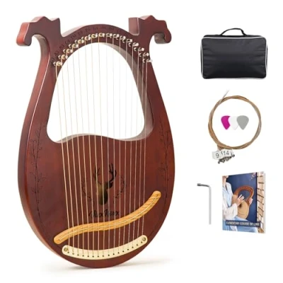Abbildung von VixxNoxx Lyre harfe 16 Metallsaiten Mahagoni Leier Musikalische Instrumente mit Stimmschlüssel Ersatzsaiten Musikbuch in Englisch Tragbare Tasche, harp für Erwachsene Kinder Anfänger