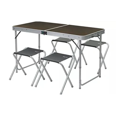 Abbildung von BERGER Solo Campingtisch Set mit 4 Hocker 120 x 60 cm höhenverstellbar klappbar Holzdekor aus Aluminium und MDF Klappmöbel Klapptisch Gartentisch Balkontisch