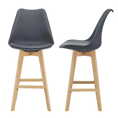 Abbildung von [en.casa] Barhocker 2er Set Barstuhl mit Rückenlehne Bistrohocker gepolsterter Sitzfläche Tresenhocker Holzgestell Buche Gestell Grau