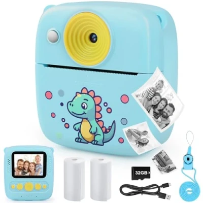 Abbildung von Dhapy Sofortbildkamera Kinder, 48MP Kinderkamera mit Druckpapier &amp; 32 G TF Karte, 1080P Digitalkamera Geschenke für Jungen und Mädchen 3 4 5 6 7 8 9 Jahre Blue