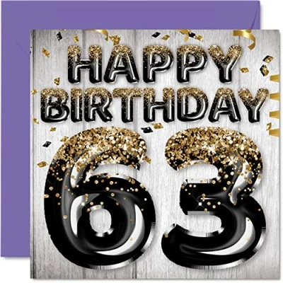 Abbildung von Geburtstagskarte zum 63. Geburtstag für Männer schwarze und goldene Glitzerballons Happy Karten 63 Jahre alten Mann Papa Opa Onkel 145 mm 60 dritte Grußkarten Geschenk