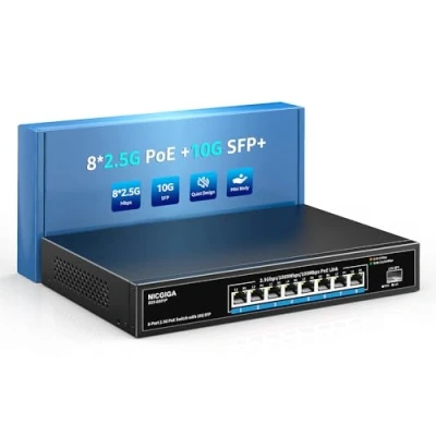 Abbildung von 8 Port 2,5G PoE Switch, Nicht verwaltet, mit x 2,5Gb Base T PoE+@120W + 10G SFP Uplink, NICGIGA 2,5Gbe IEEE802.3af/at Power Over Ethernet unterstützt WiFi6 AP, NAS, 4K Kamera NVR.