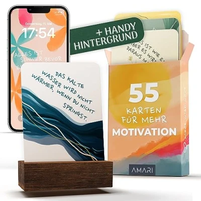 Abbildung von Amari ® Achtsamkeitskarten mit Holzständer 55 Motivationskarten Sprüchen für mehr Achtsamkeit Geschenk Glückskarten Karten Selbstliebe Affirmationskarten Erwachsene