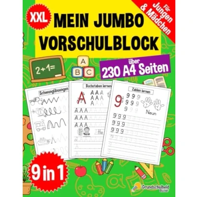 Abbildung von Mein Jumbo Vorschulblock: Spielend einfach Zahlen und Buchstaben lernen plus Schwungübungen A4 Vorschule Übungshefte ab 5 Jahre für Junge ... auch Kindergarten Schule, Band 1)