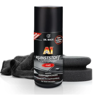 Abbildung von Auto Kunststoffpflege Set Für Innen und Außen Dr. Wack A1 Kunststoff Tiefenpfleger Matt 250ml + Auftragsschwamm Poliertuch Intensive Farbauffrischung &amp; Pflege